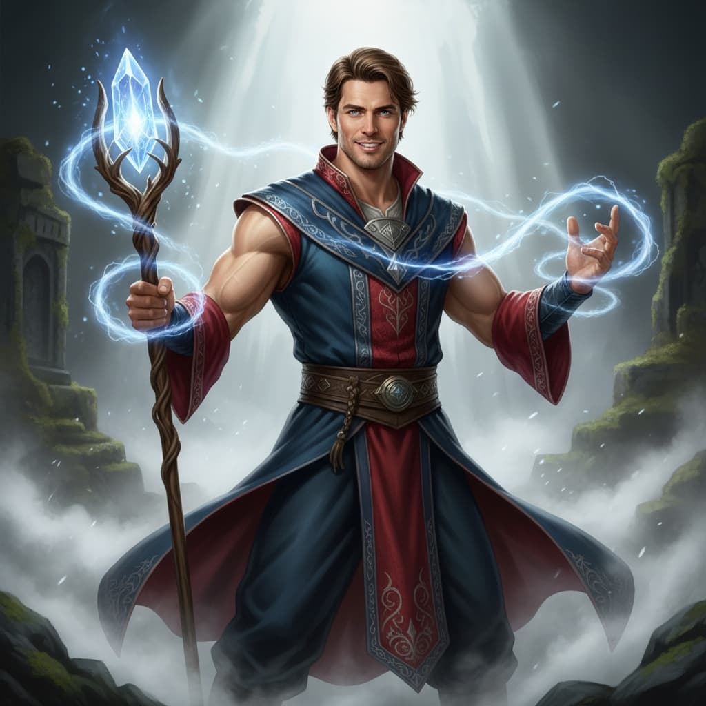 athletic white man fantasy mage casting spell 88868628