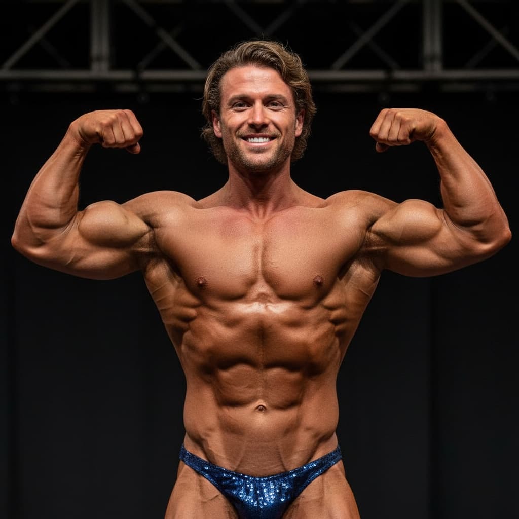 athletic white man front double biceps stage 15297783