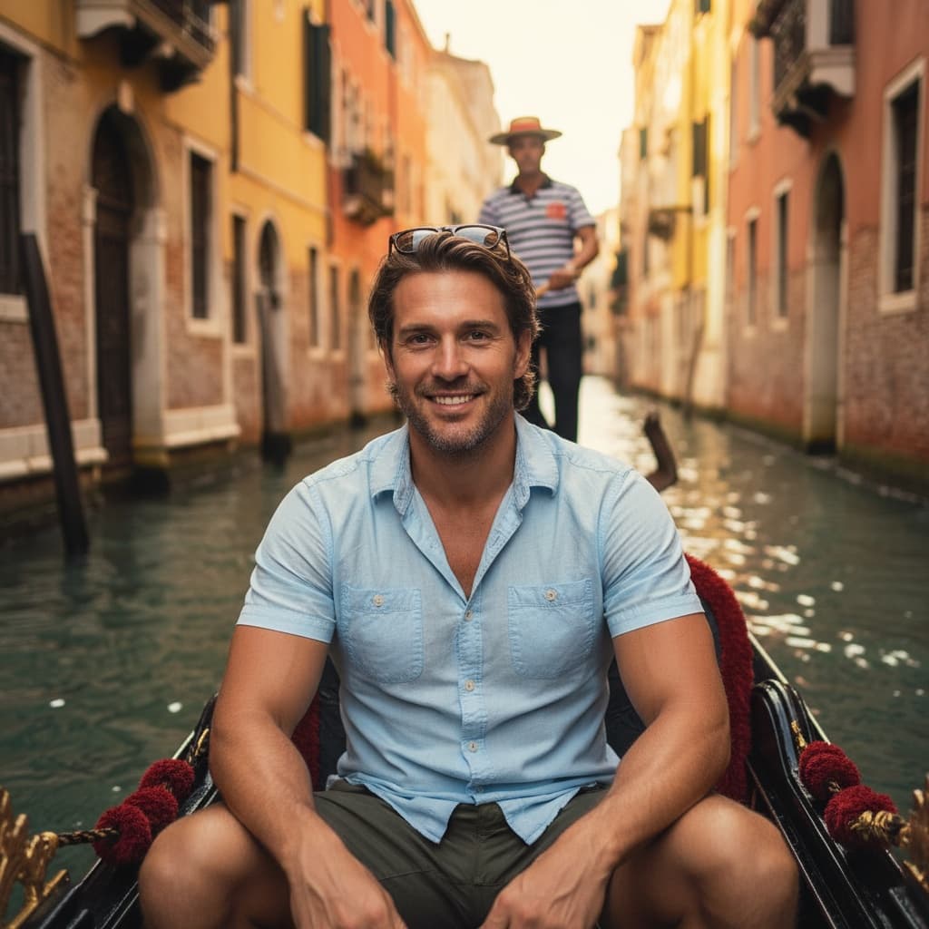 athletic white man gondola ride canal 18330389
