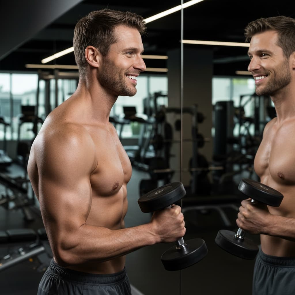 athletic white man gym mirror side angle 78609491