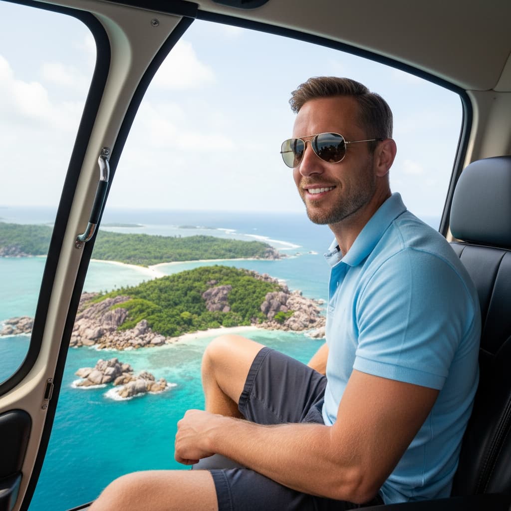 athletic white man helicopter aerial island view 99043449