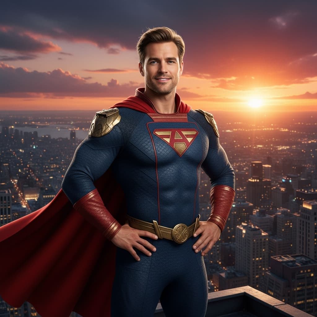 athletic white man heroic city rooftop pose 17421277