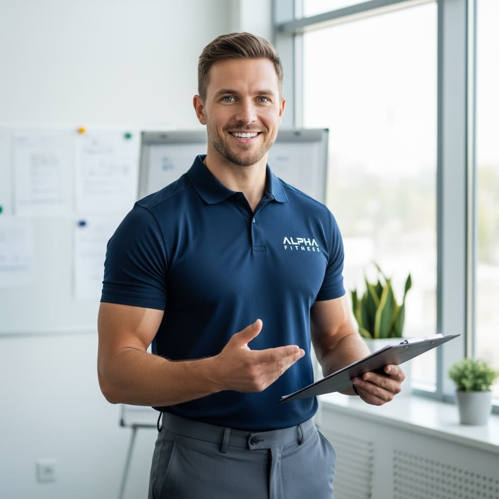 athletic white man holding clipboard consultation 91503886