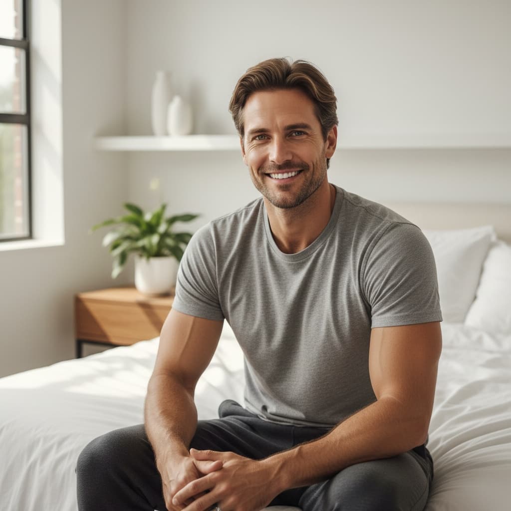athletic white man home bedroom morning light 48882157