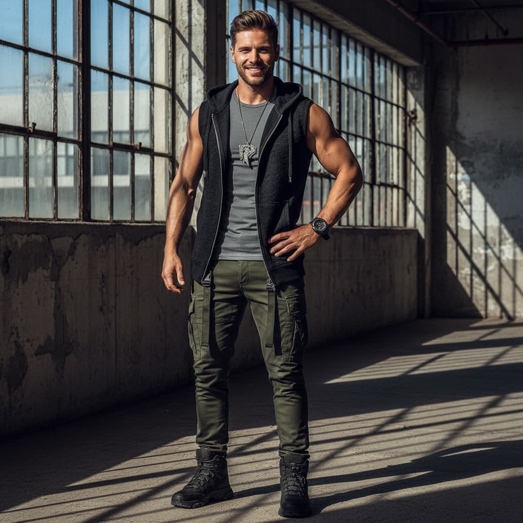 athletic white man industrial warehouse edgy 49289296