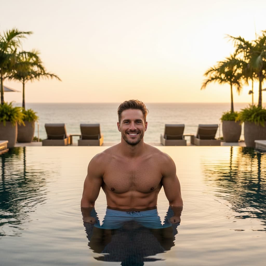 athletic white man infinity pool ocean view 95750153