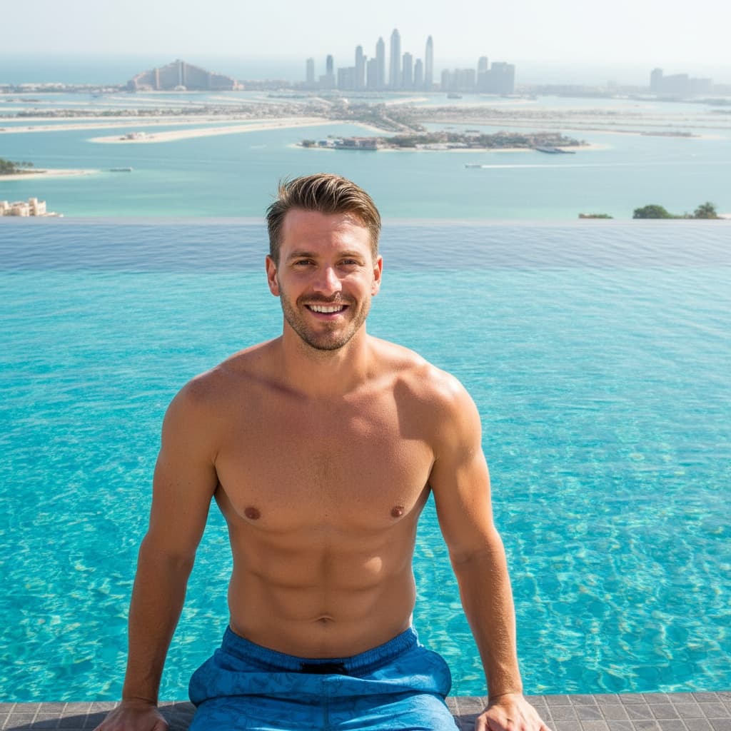 athletic white man infinity pool palm jumeirah 88006454