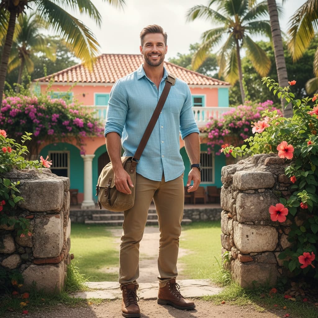 athletic white man island excursion tropical ruins 12382223