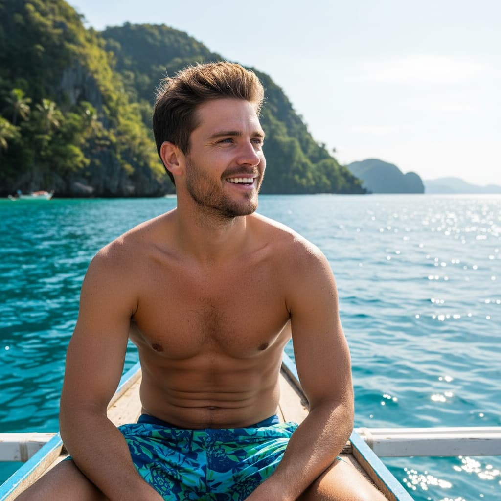 athletic white man island hopping boat ride 16096342
