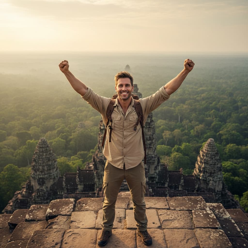 athletic white man jungle temple aerial view 35975825