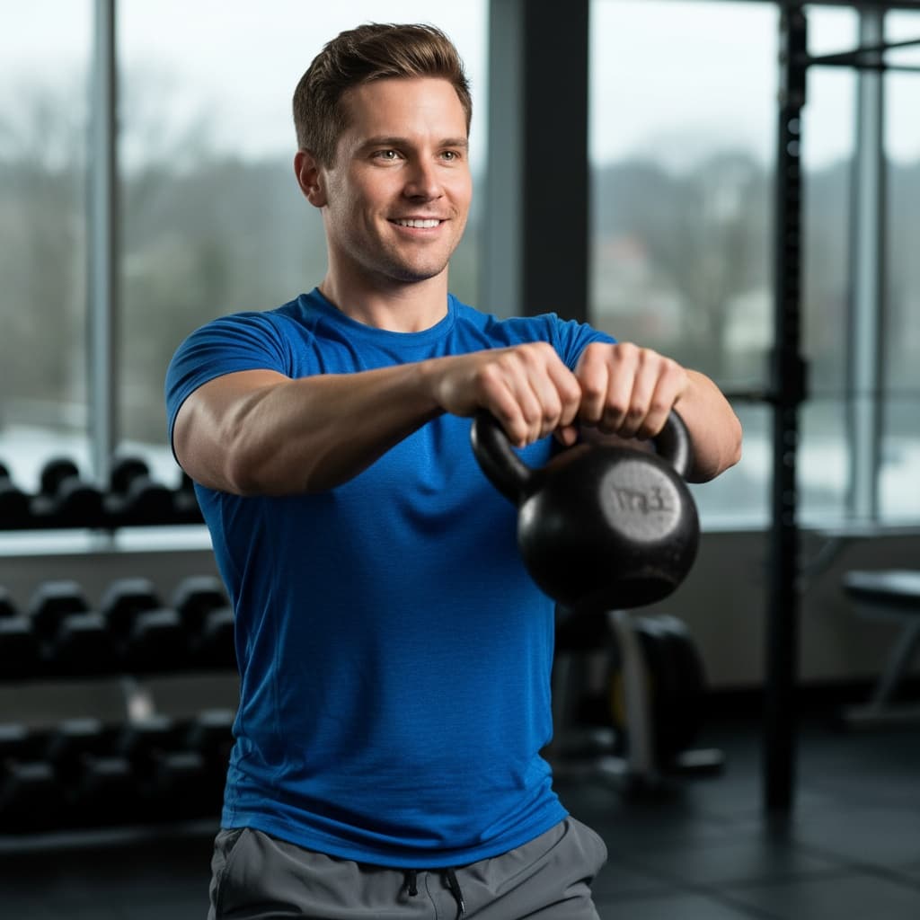 athletic white man kettlebell swing dynamic motion 56005863
