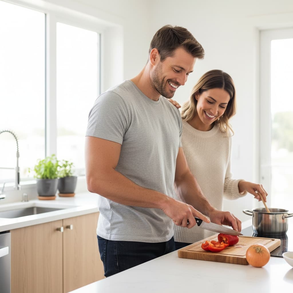 athletic white man kitchen cooking together 16752378
