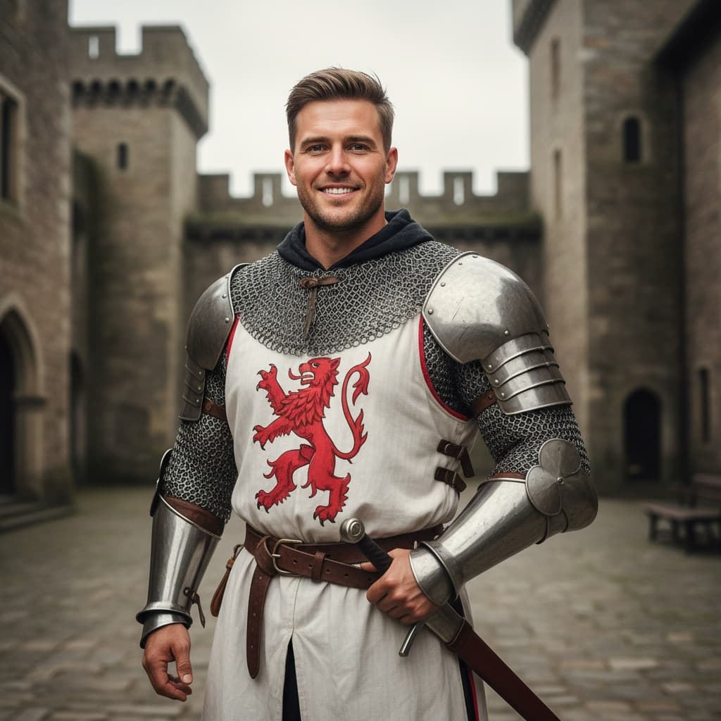 athletic white man knight armor castle courtyard 98496098