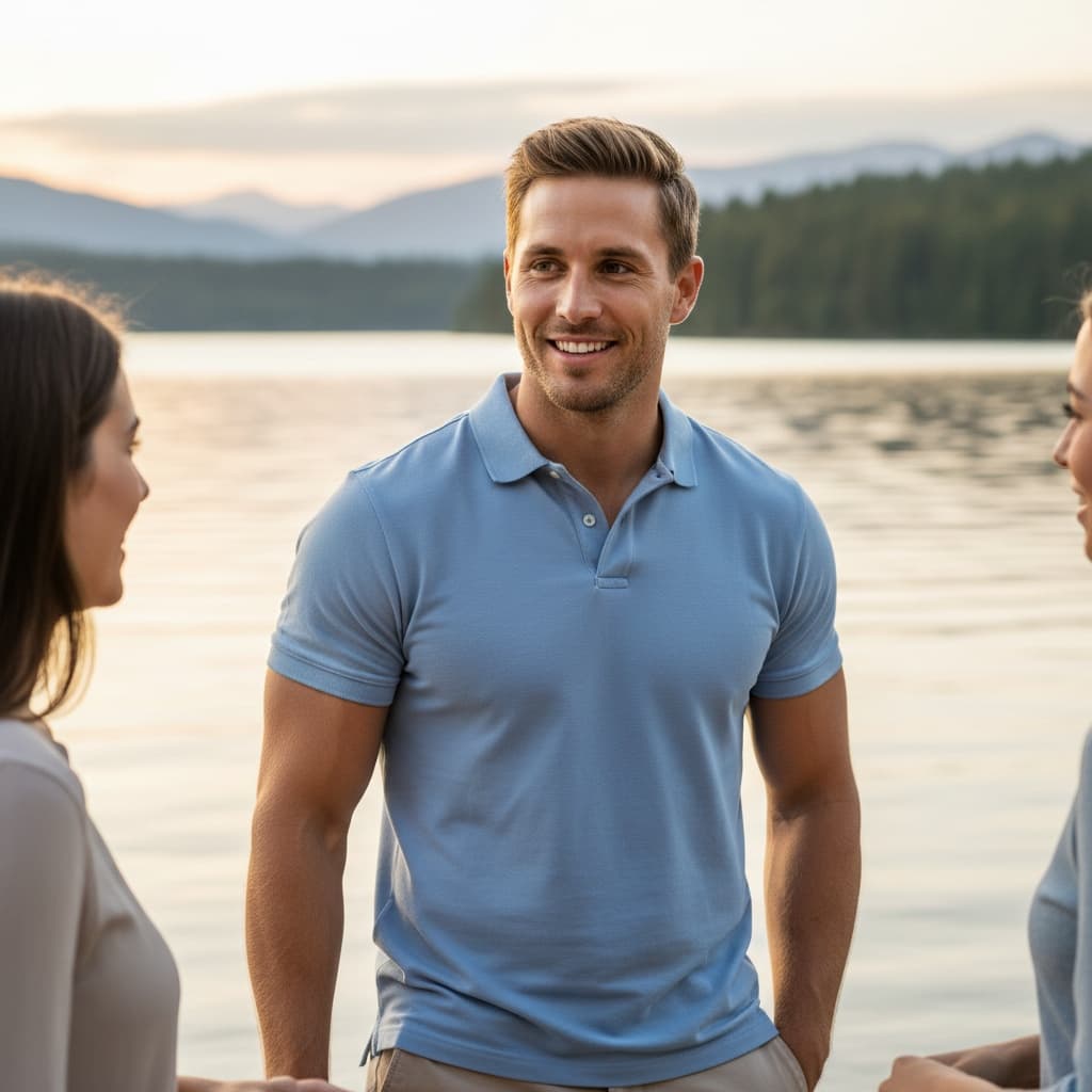 athletic white man lakeside casual conversation 57182779