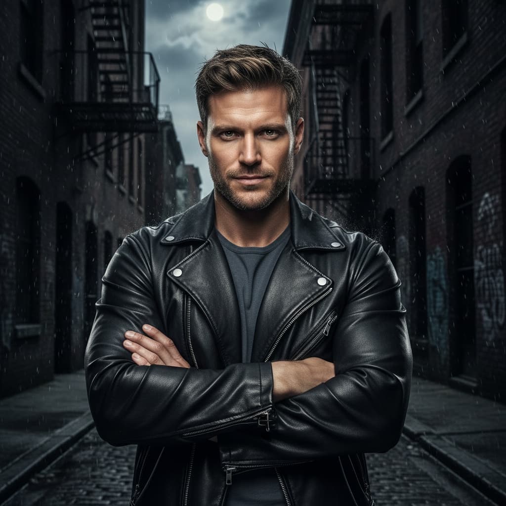 athletic white man leather jacket hero pose 78039724