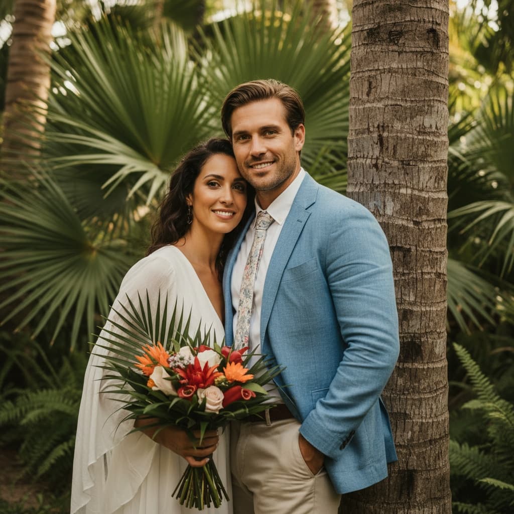 athletic white man palm tree intimate moment 82168163
