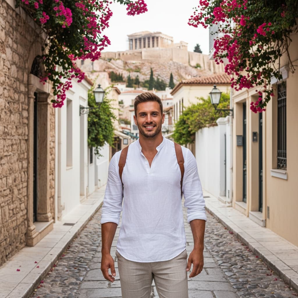 athletic white man plaka acropolis background 99448536