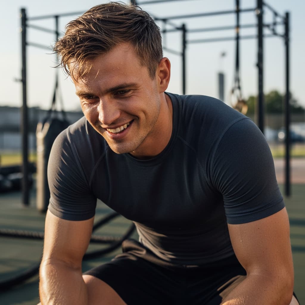 athletic white man post training intensity 53470734