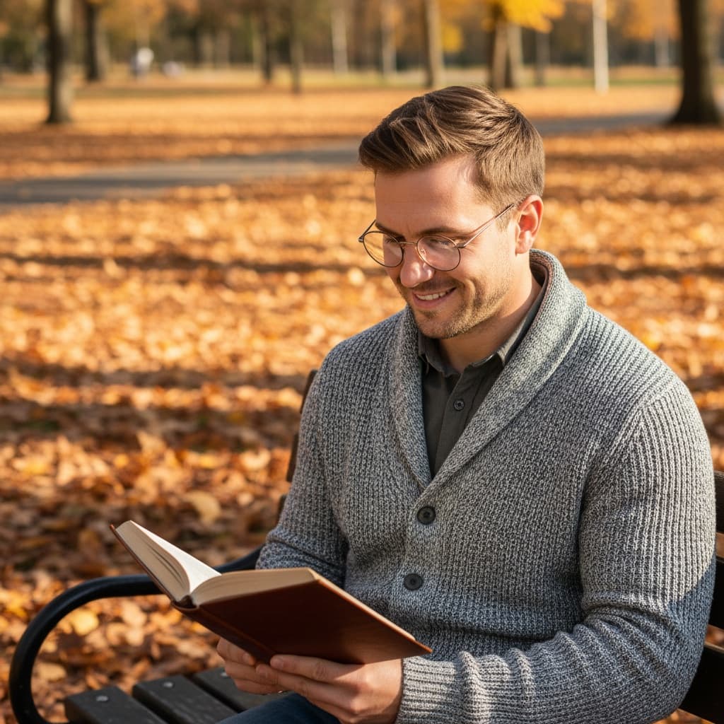 athletic white man reading book fall bench 91201771