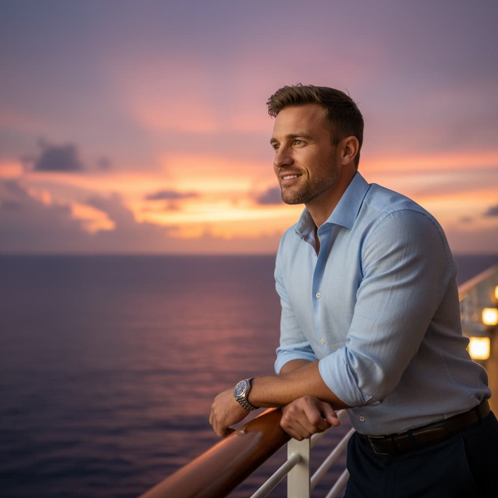 athletic white man romantic ship railing evening 30164687