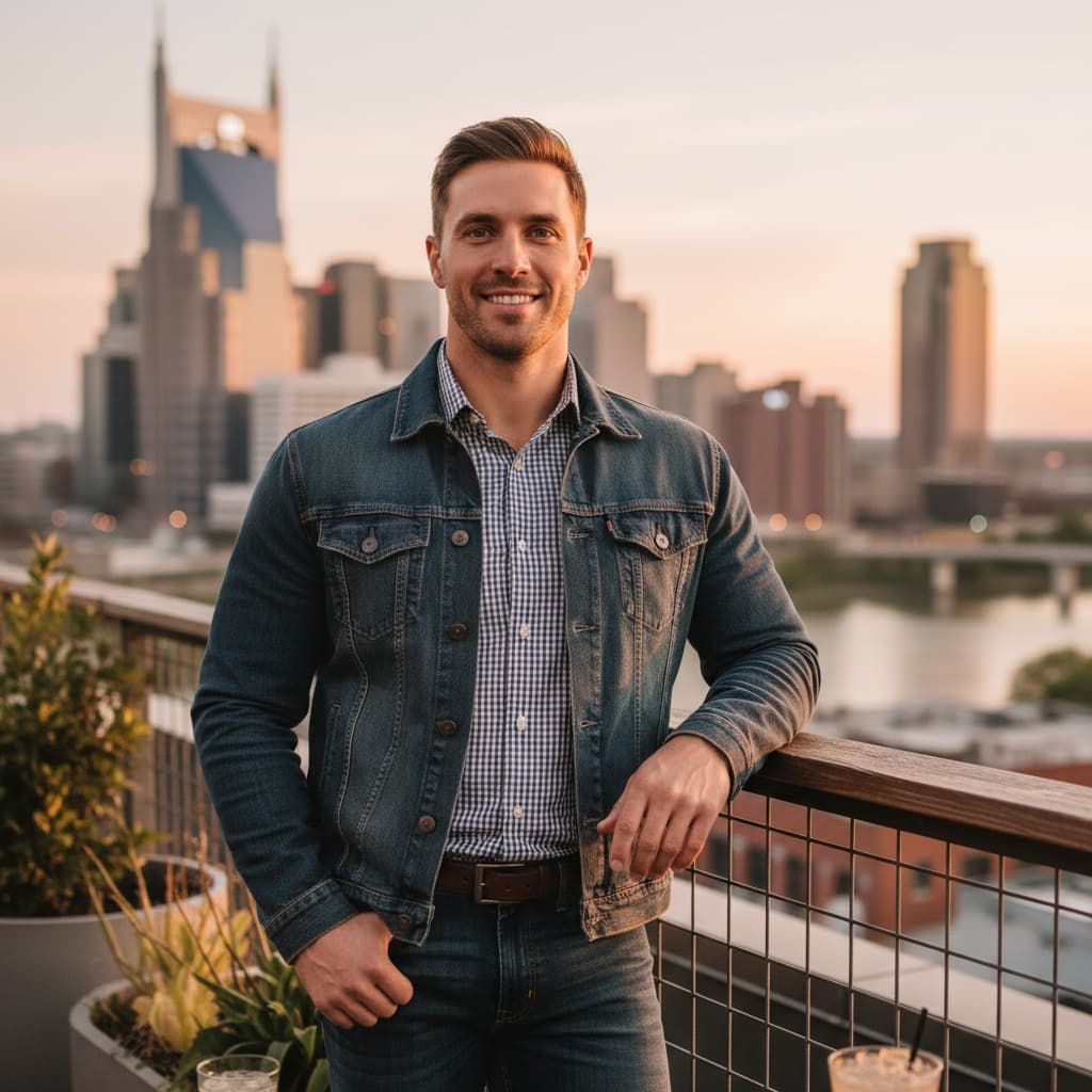 athletic white man rooftop bar skyline view 49731488