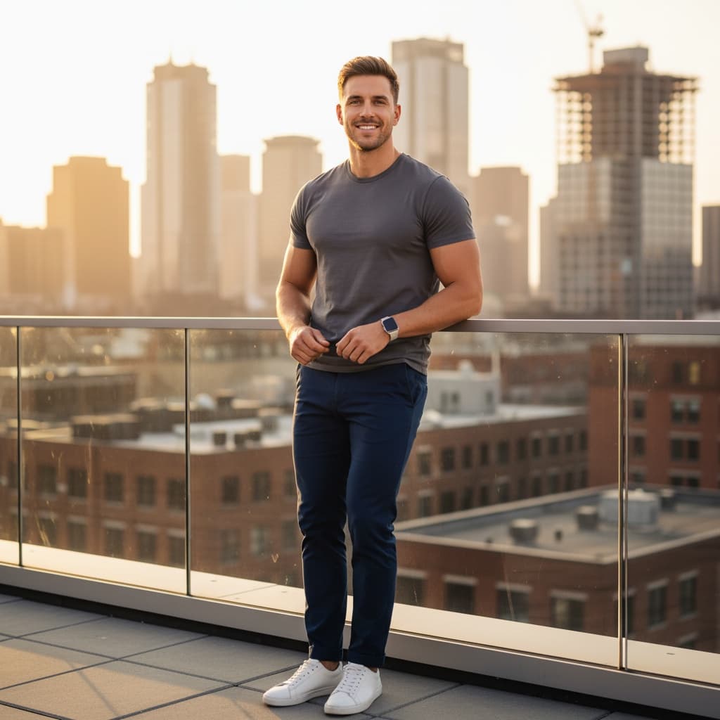 athletic white man rooftop city skyline 65863886