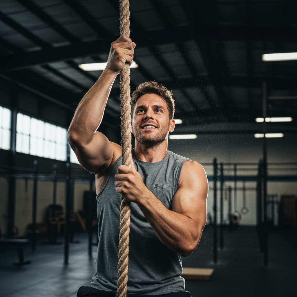 athletic white man rope climb gritty determination 83207927