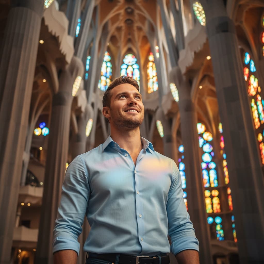 athletic white man sagrada familia interior awe 70984288