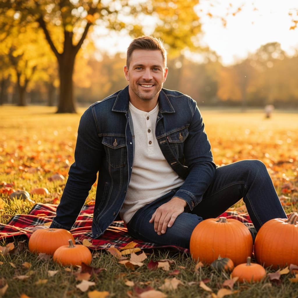 athletic white man sitting on fall blanket 50869945