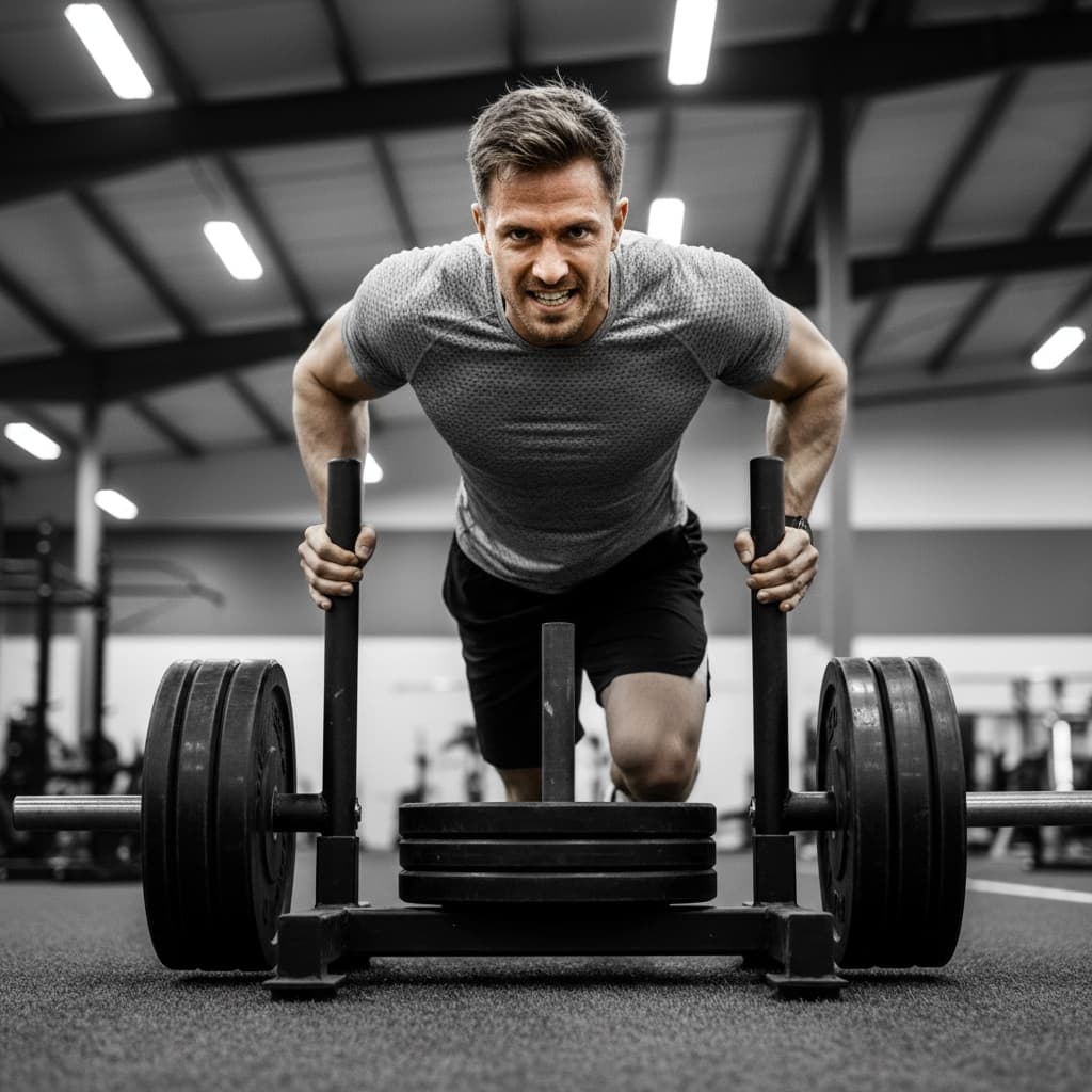 athletic white man sled push power drive 56825855