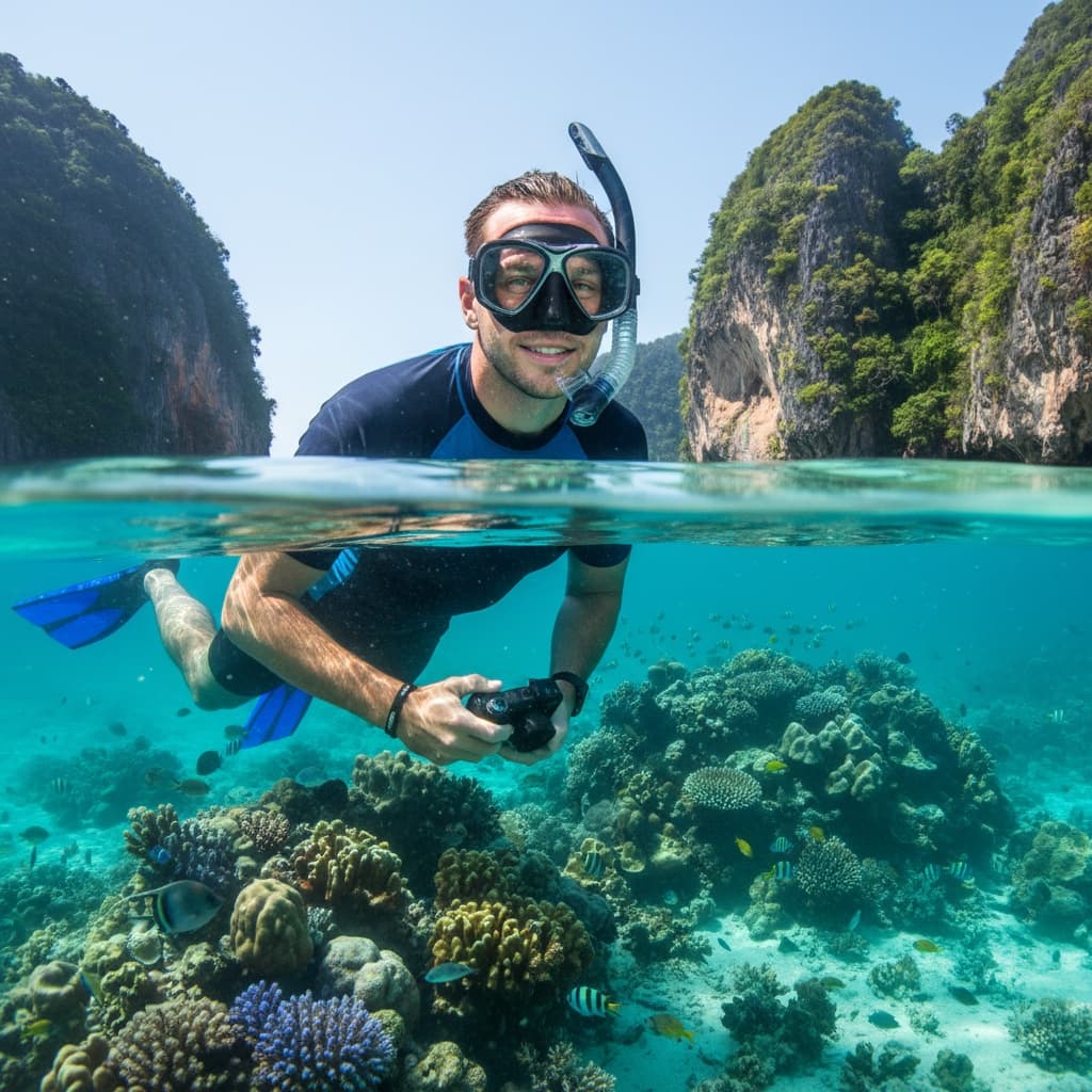 athletic white man snorkeling coral reef 54184311