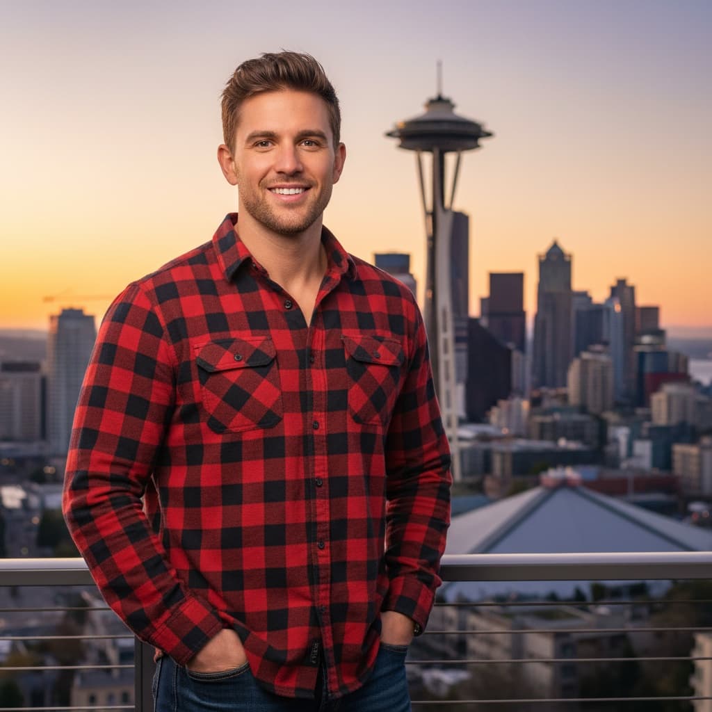athletic white man space needle golden hour 54892261