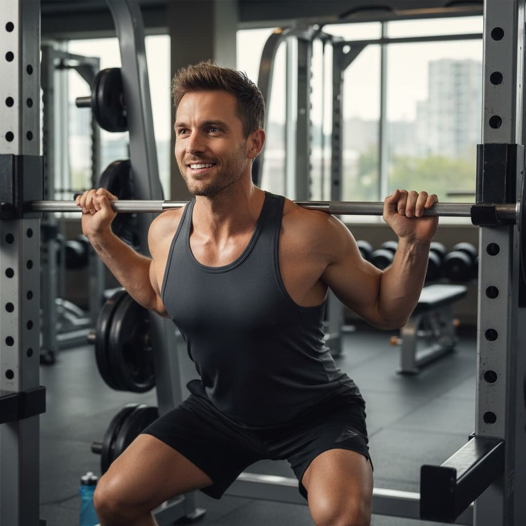 athletic white man squat rack workout action 95519966