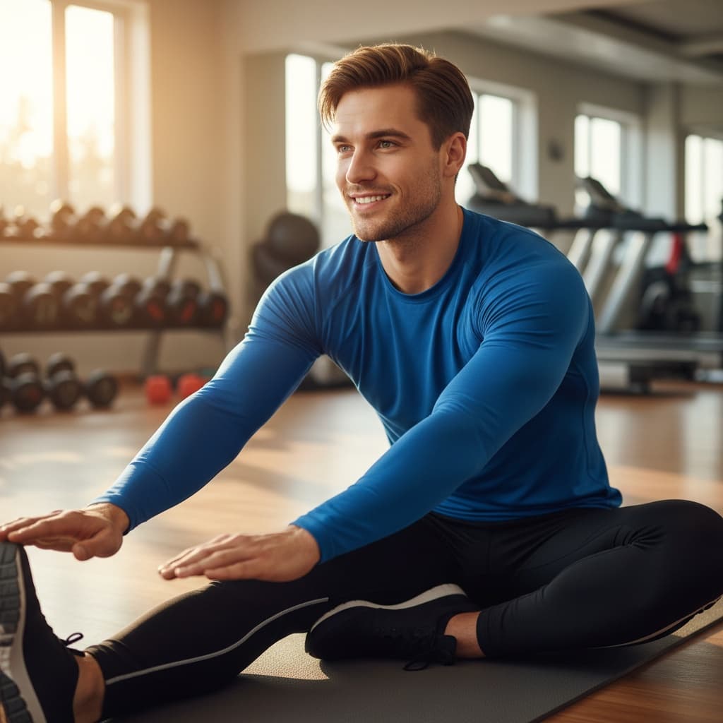athletic white man stretching cooldown floor 68568354