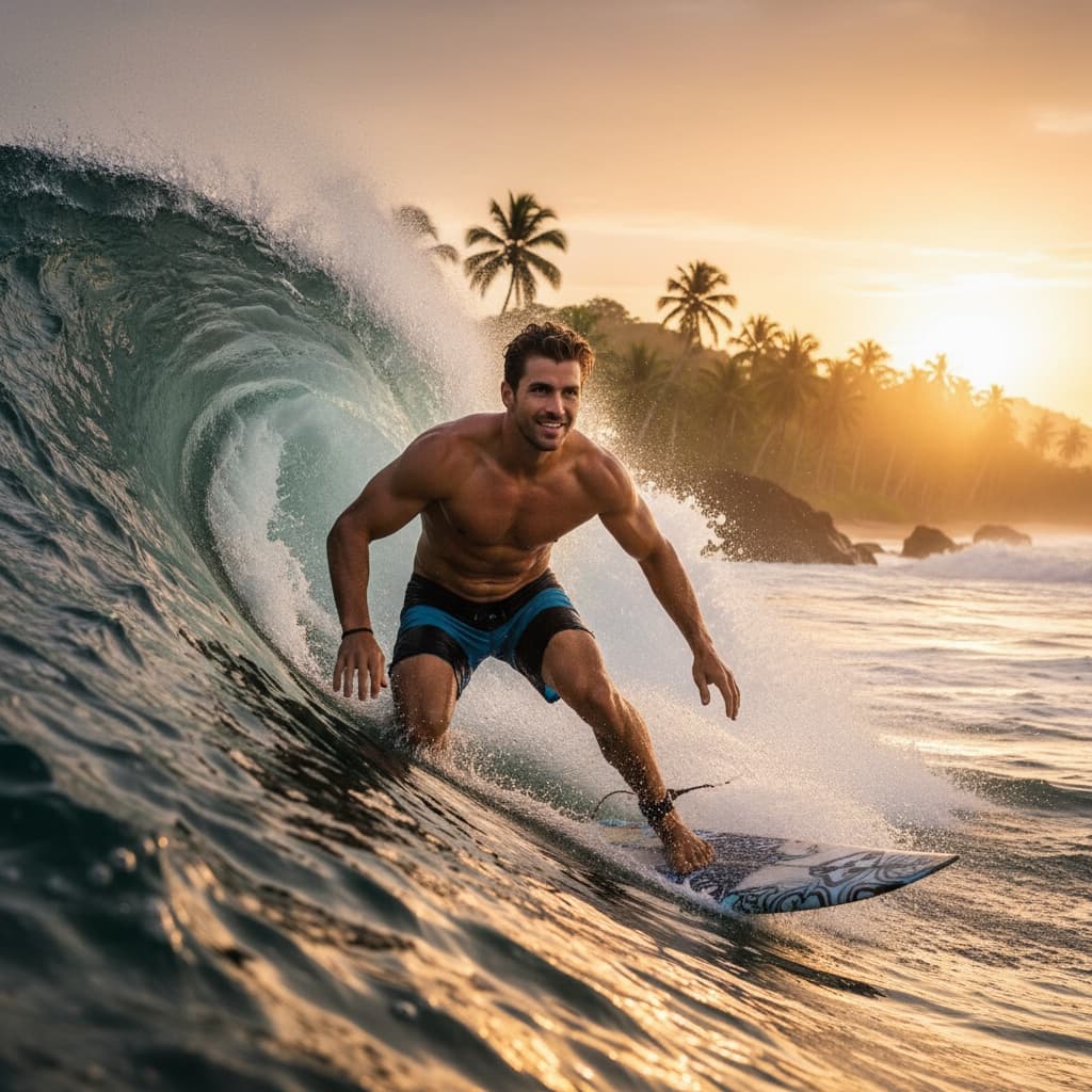athletic white man surfing pacific coast beach 84555207