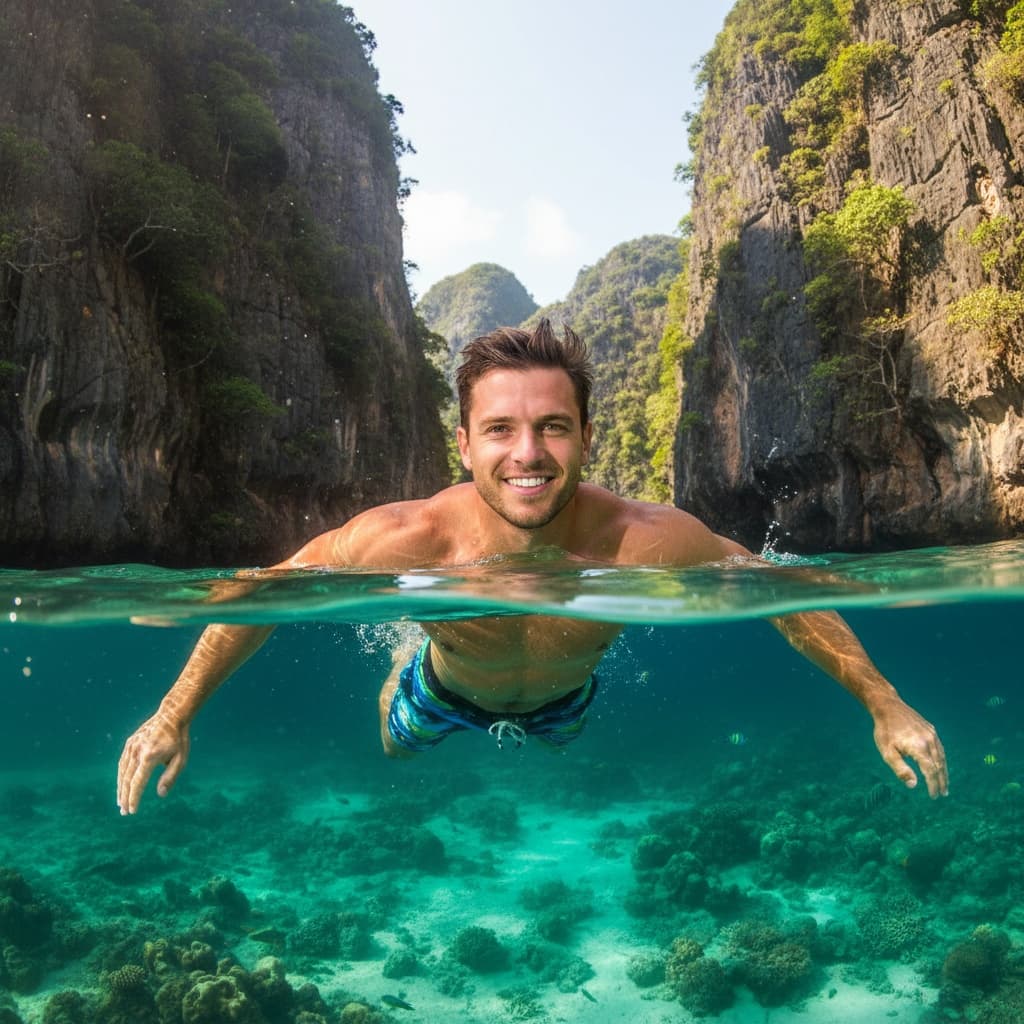 athletic white man swimming emerald lagoon 36955751