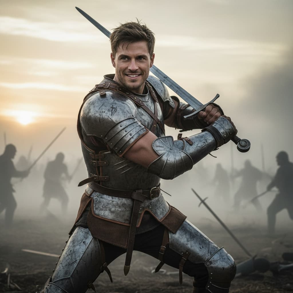 athletic white man sword combat ready pose 57403793