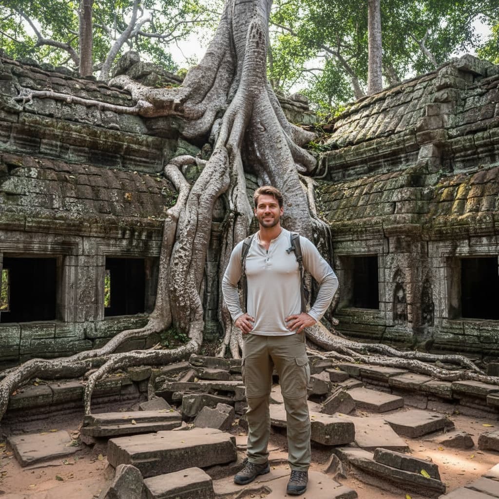 athletic white man ta prohm jungle temple roots 93374096