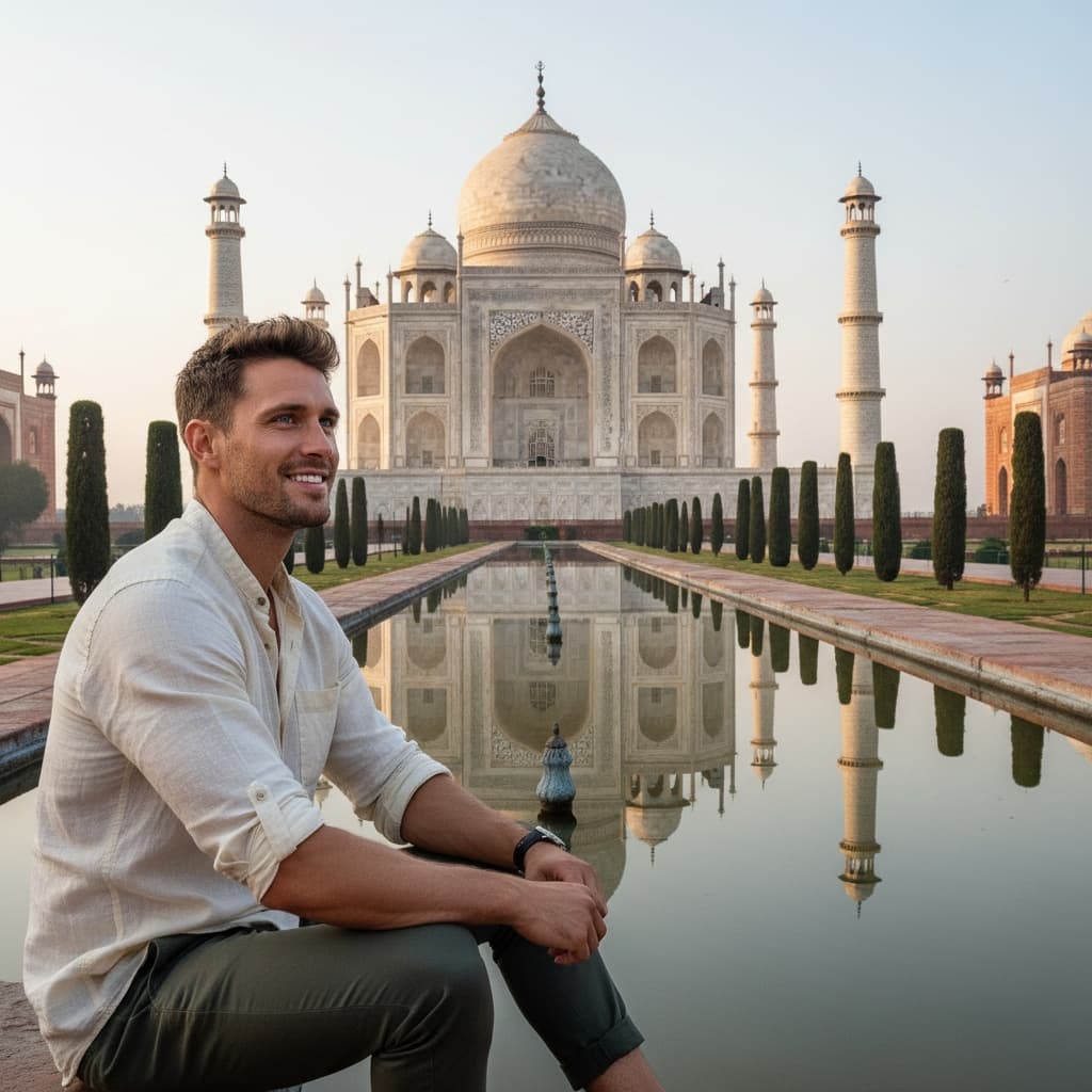 athletic white man taj mahal reflecting pool 52500550