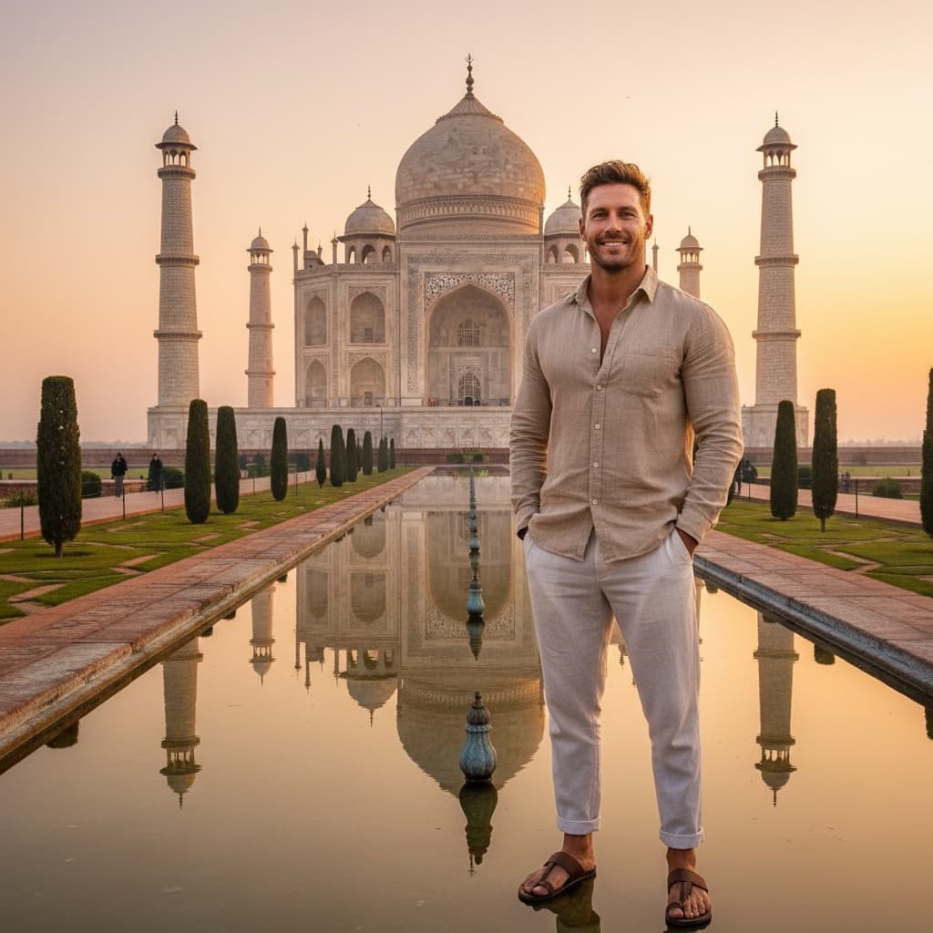 athletic white man taj mahal sunrise front view 90283532