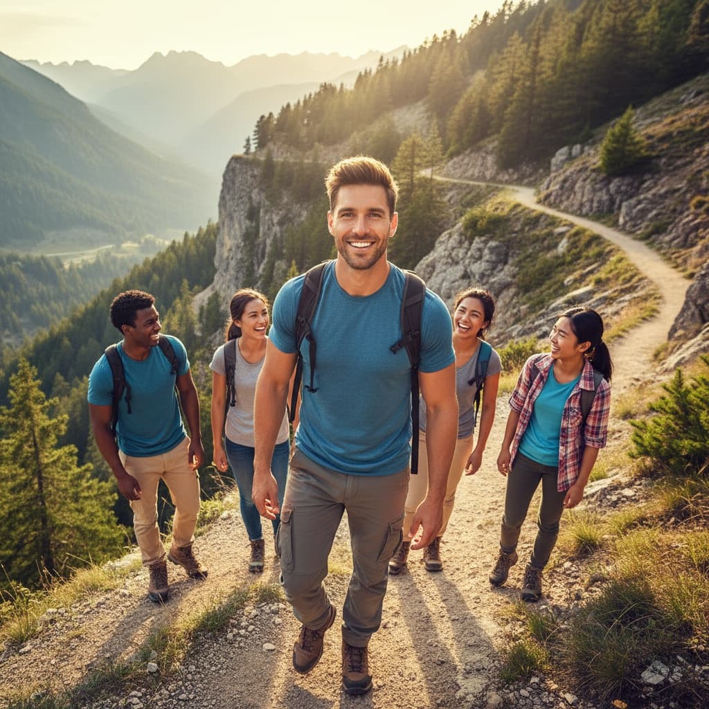 athletic white man team hiking mountain trail 45076094