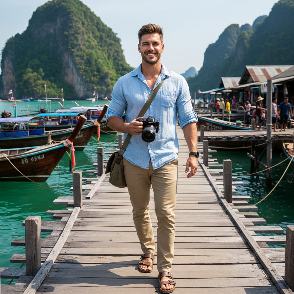 athletic white man traditional fishing village 49864898