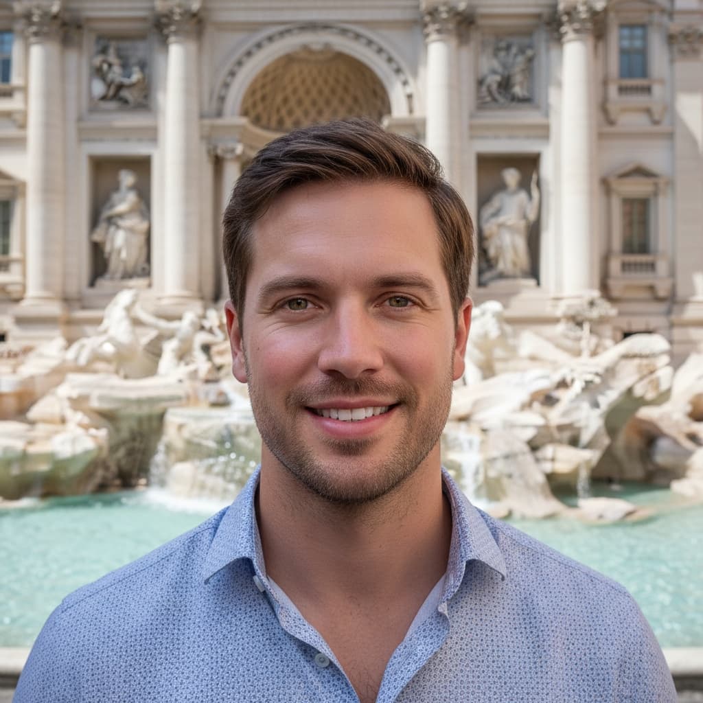 athletic white man trevi fountain close up 62769738