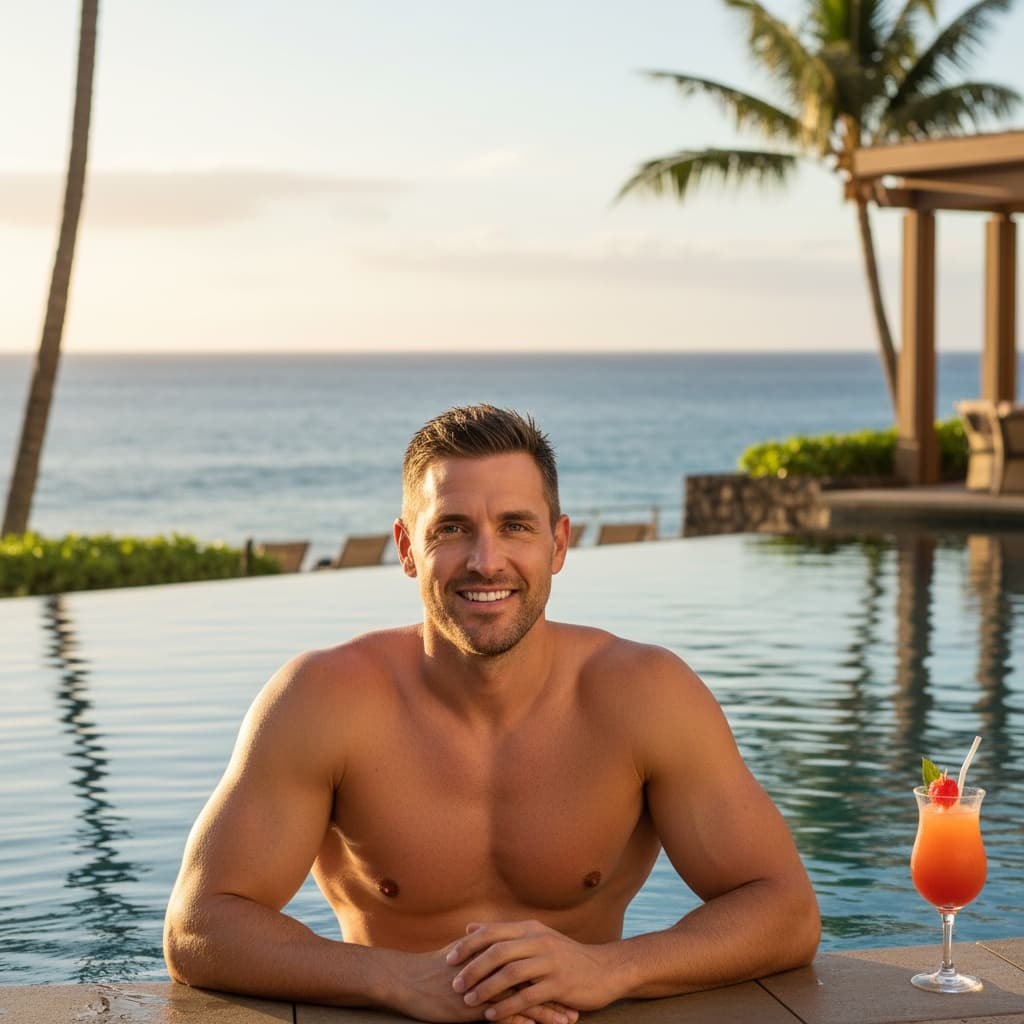 athletic white man tropical resort pool 18804341