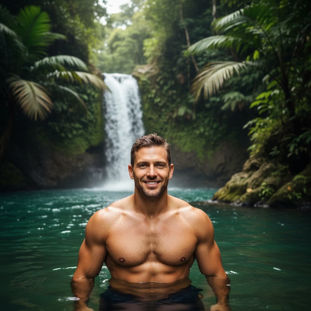 athletic white man tropical waterfall pool 48573784