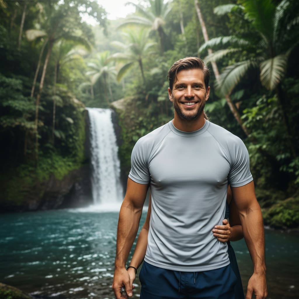 athletic white man tropical waterfall scene 62472067