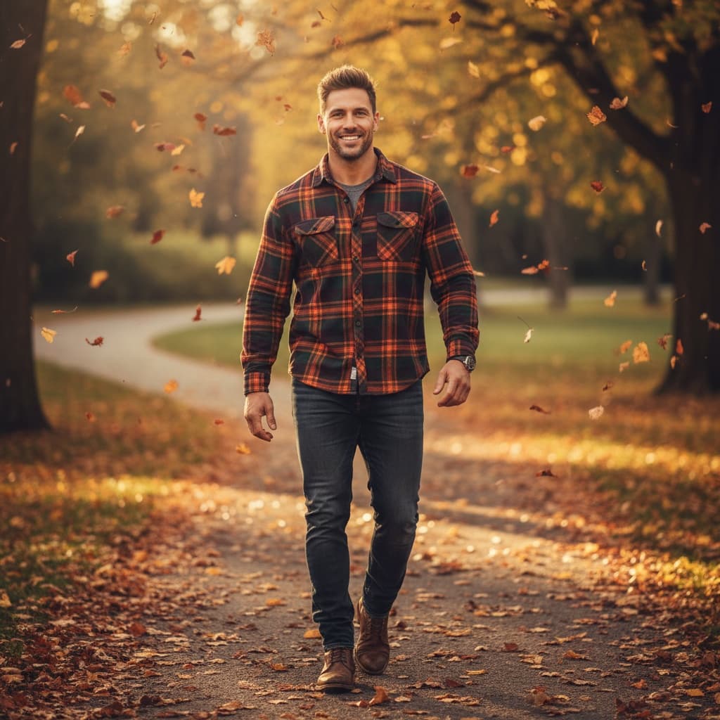athletic white man walking through autumn leaves 69908072