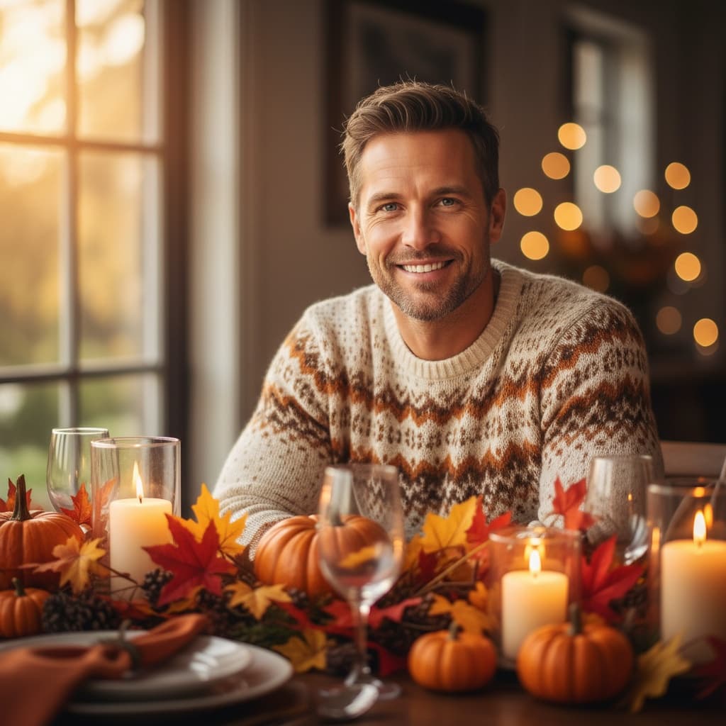 athletic white man warm autumn dinner table 16091578