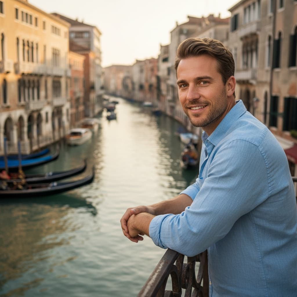 athletic white man waterfront balcony view 69989670