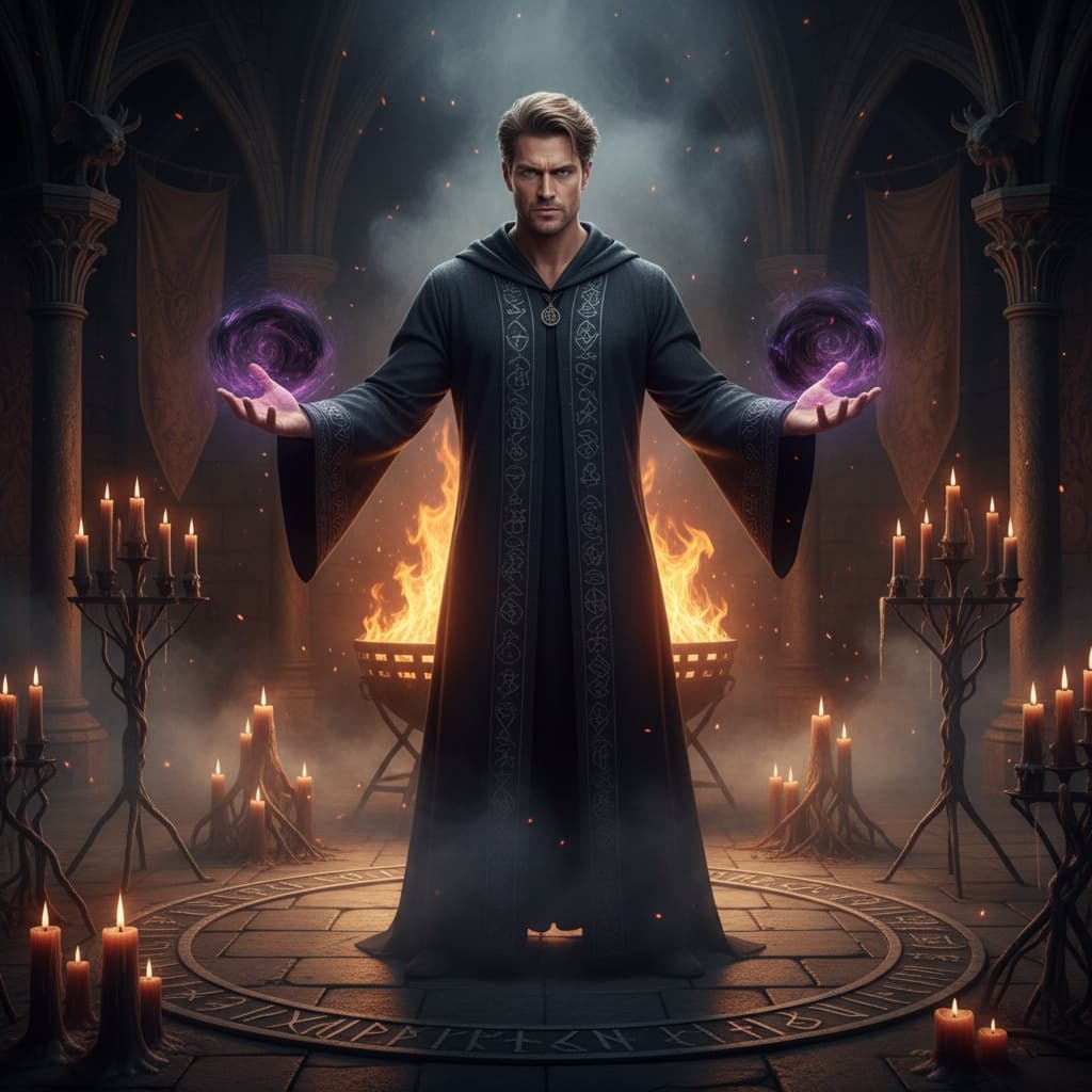 athletic white man witch ritual scene 78565286